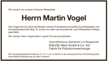 Traueranzeige von Martin Vogel von Pegnitz-Zeitung